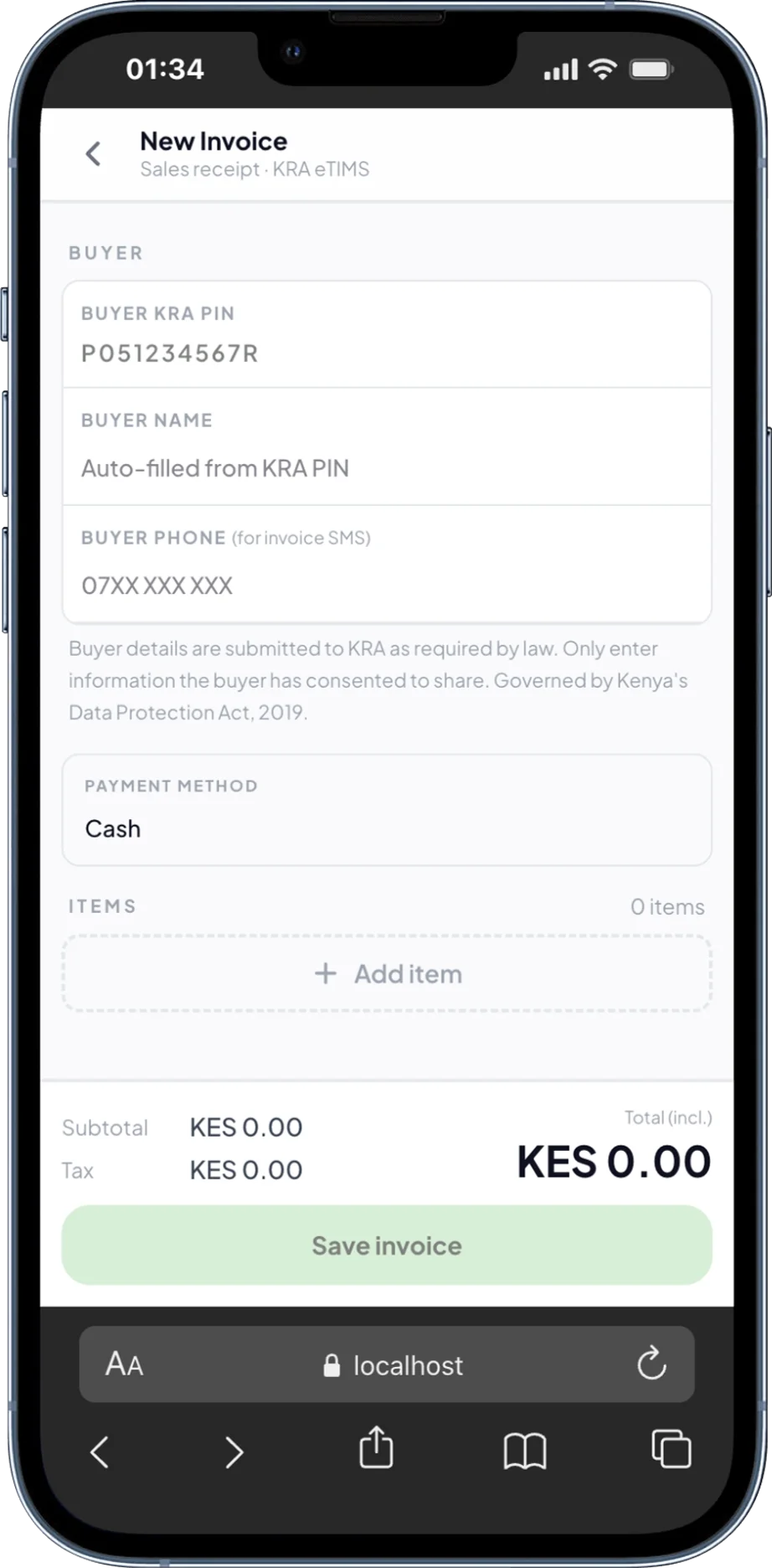 Risiti invoice creation workflow on a phone